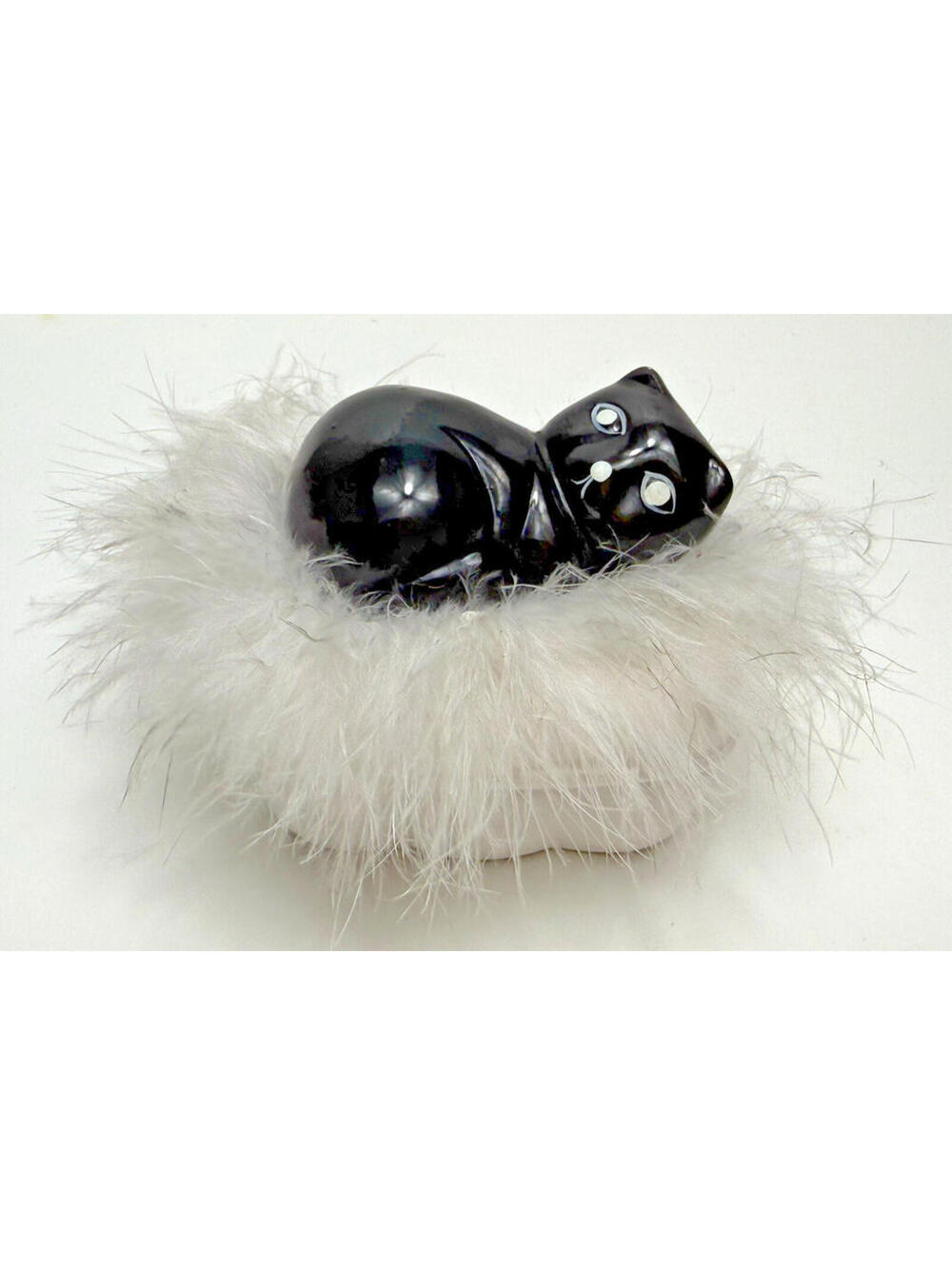 Vtg San Fransico Store Black Cat Kitten White Fur Trim Trinket Box Small Crack